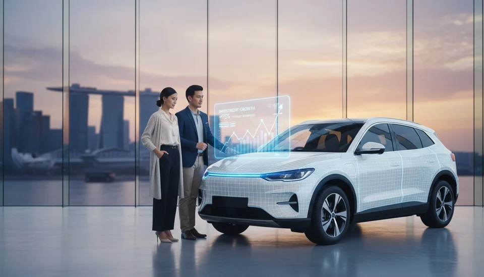 Man and woman beside electric SUV with investment growth charts