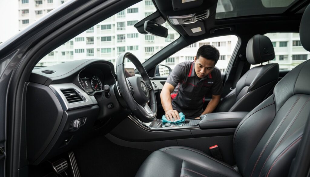 Detailer cleaning car center console with blue cloth
