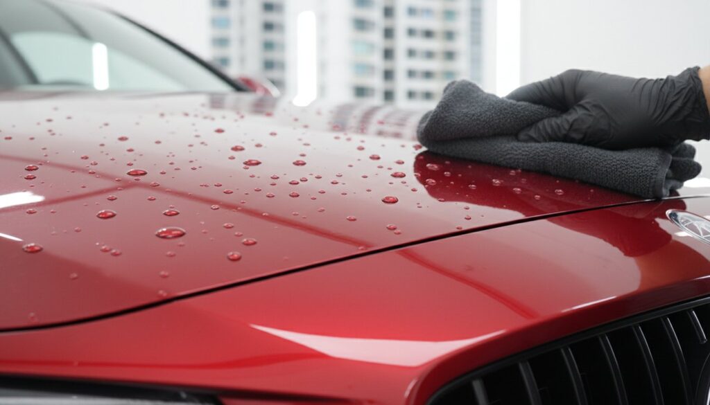 Gloved hand drying red car hood with microfiber cloth